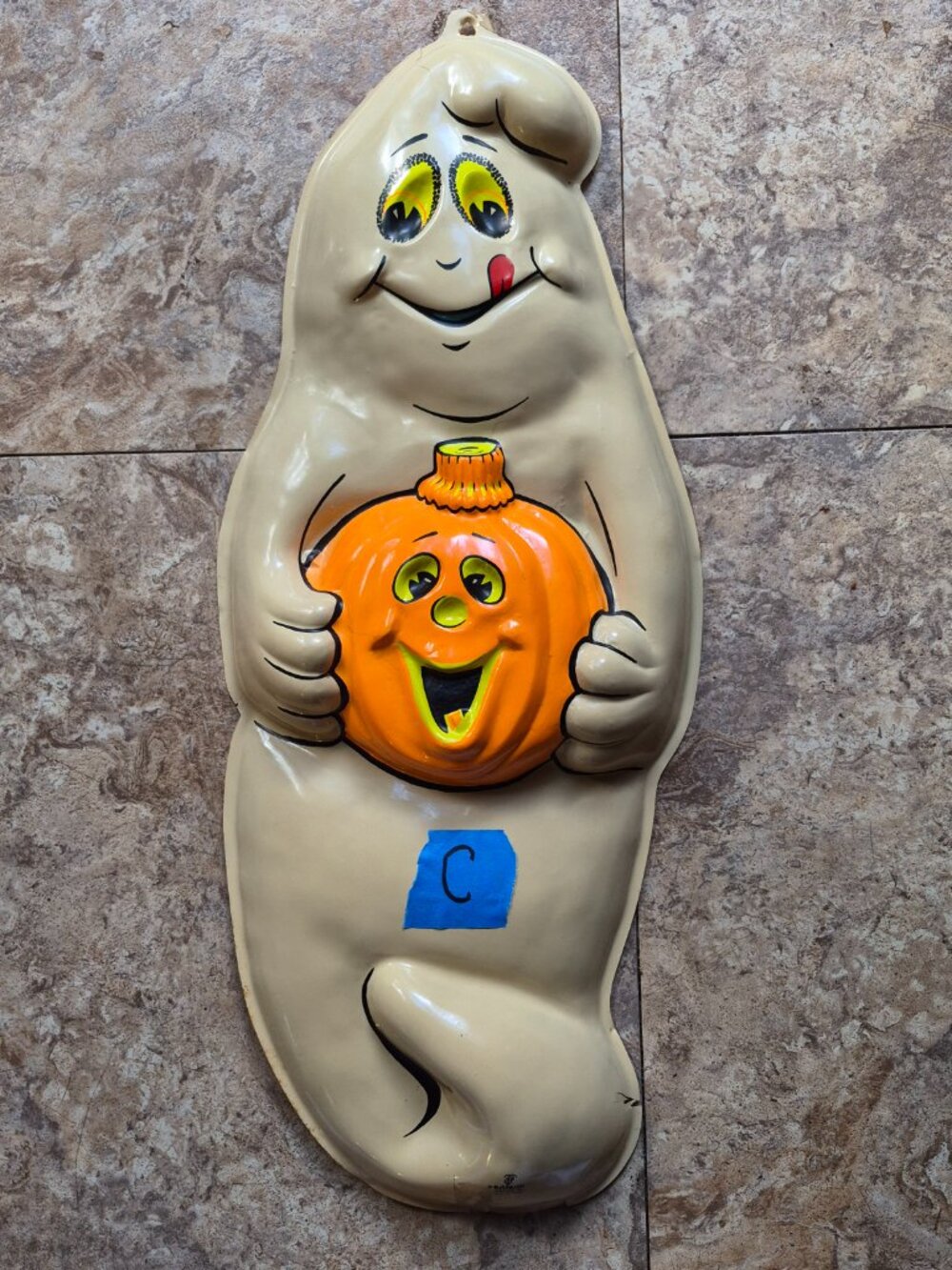Vtg 70s Halloween Artform Plastic Ghost with Pumpkin Fall Door Hanger 24" #C